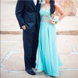 Formal Dress with Embroidered Sheer Corset & Slit